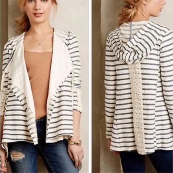 Anthropologie Saturday Sunday Blue White Striped Lace Hoodie Cardigan Medium - Image 2
