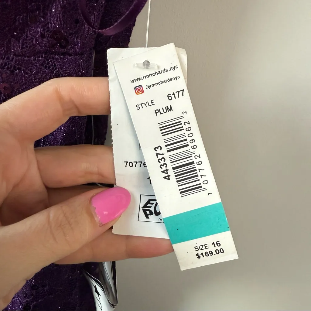 R & M Richards Sequins Lace Cold Shoulder Mermaid Gown Plum Purple 16 - Image 5