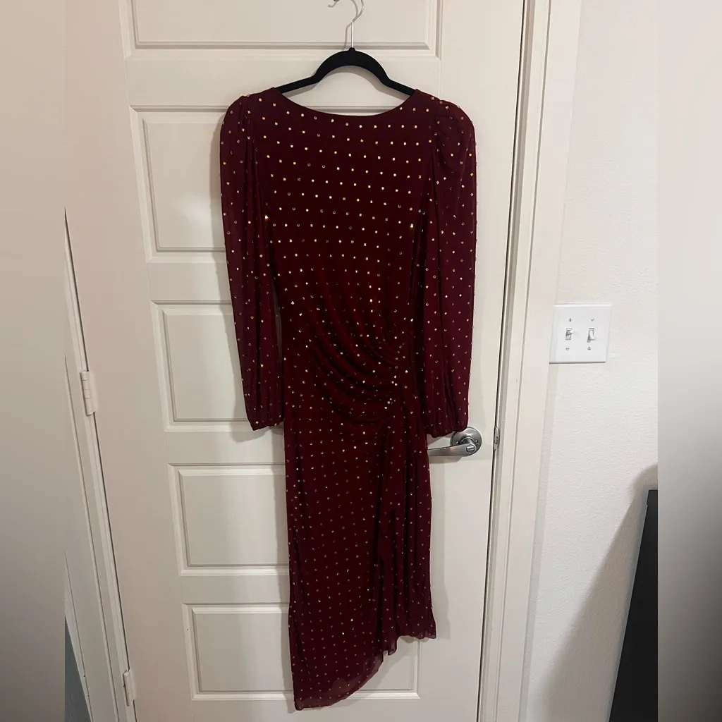 Alex Marie Burgundy Long Sleeve Gold Sequin Asymmetrical Dress - Image 2