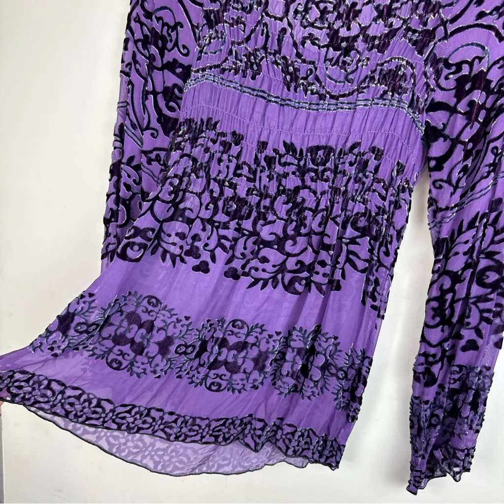 Hale Bob Velvet Burnout Top Sz XS Long Sleeve Ruched Purple Black Floral - Image 13