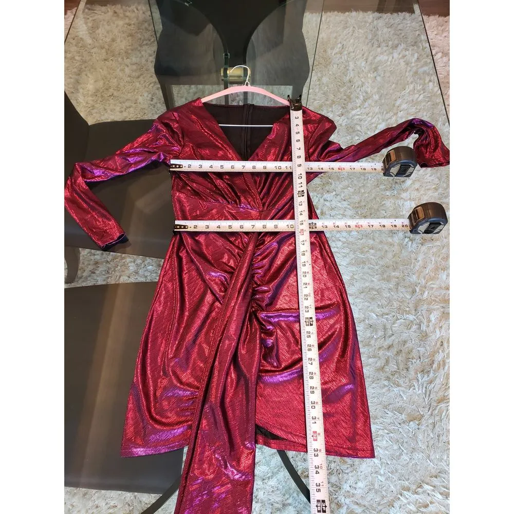 Women's Wrap Dress Small Purple Metallic Tight Waist Ruched Back Zip Deep V Neck - Image 6