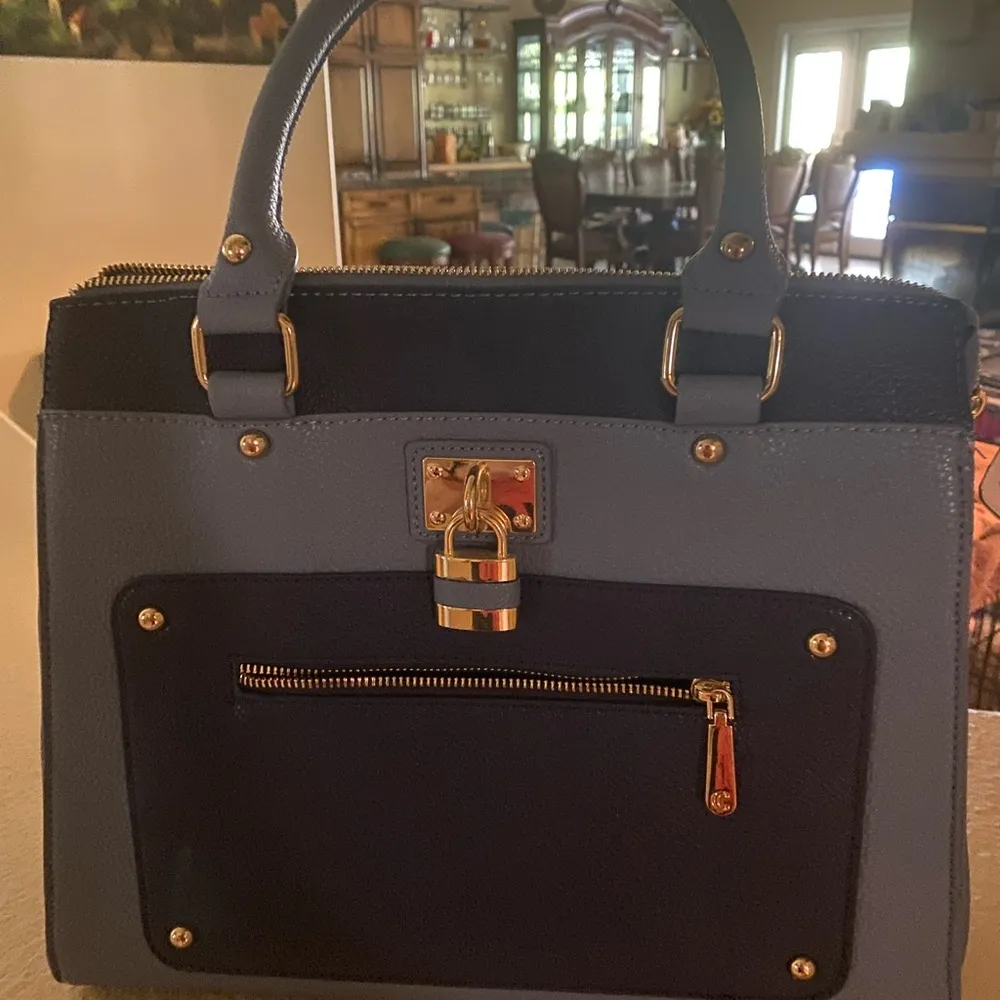 Charming Charlie Gray and Blue Satchel with Gold-Tone Accents - Image 6