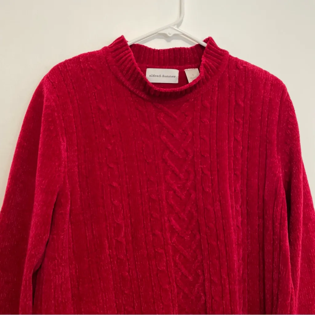 ALFRED DUNNER Red Chenille Hearts Heart Cable Knit Mock Neck Funnel Neck Sweater - Image 2
