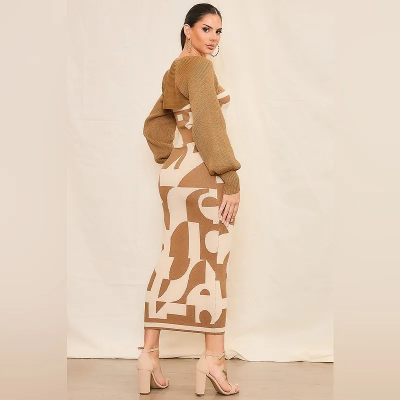 Camel sweater strapless midi dress bolero set Tan Size M - Image 6