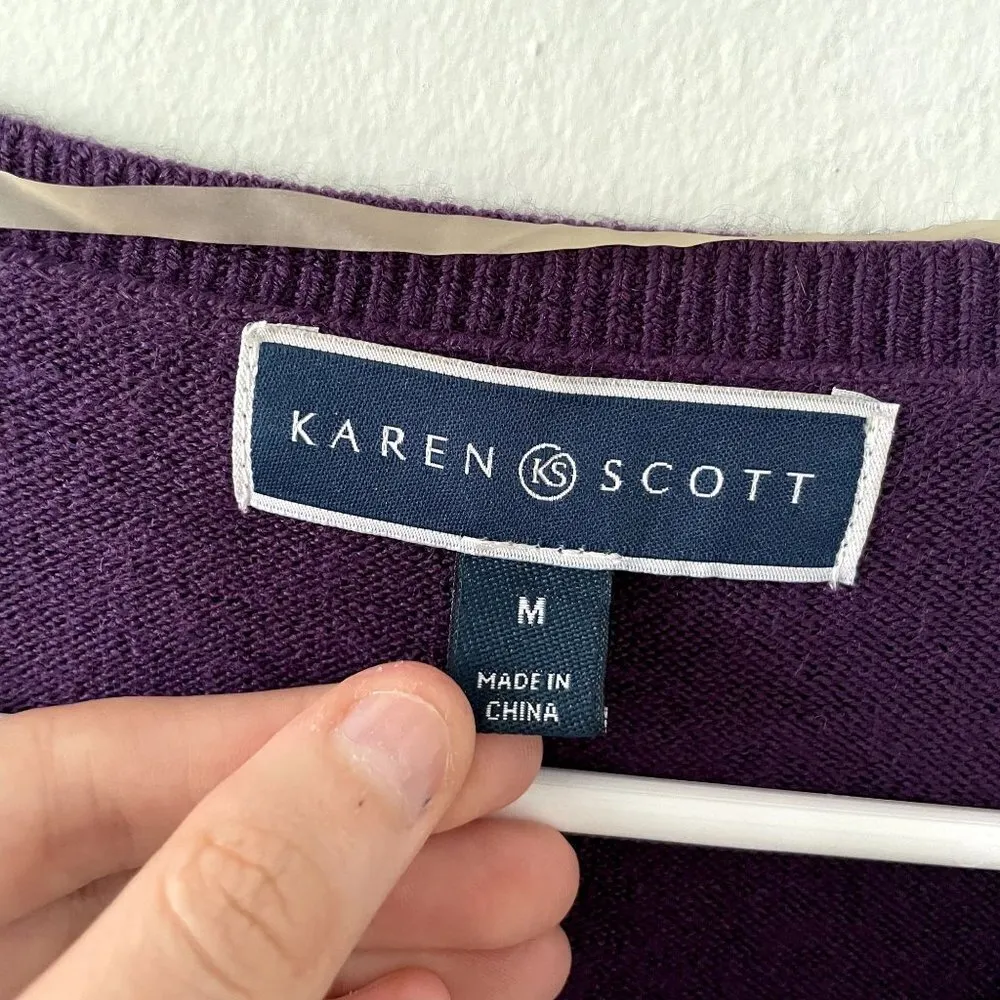 Karen Scott v-neck 3/4 sleeve sweater purple knit design winter top classic - Image 3