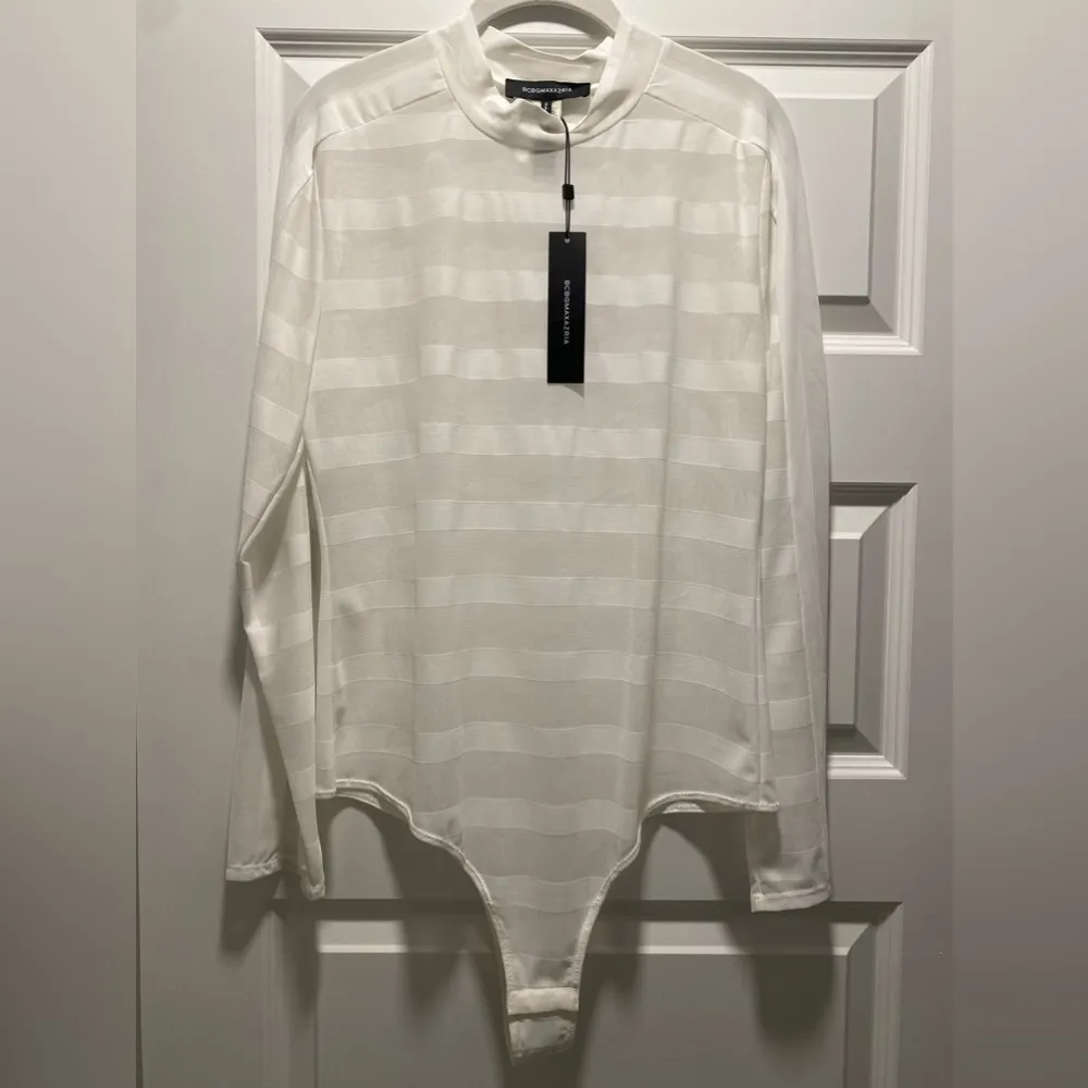 New BCBGMaxAzria White Sheer Striped Body Suit - Image 4