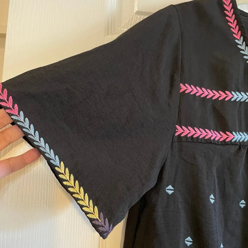 Polagram black top with colorful embroidery at the chest,hem and sleeves. Sz L - Image 8