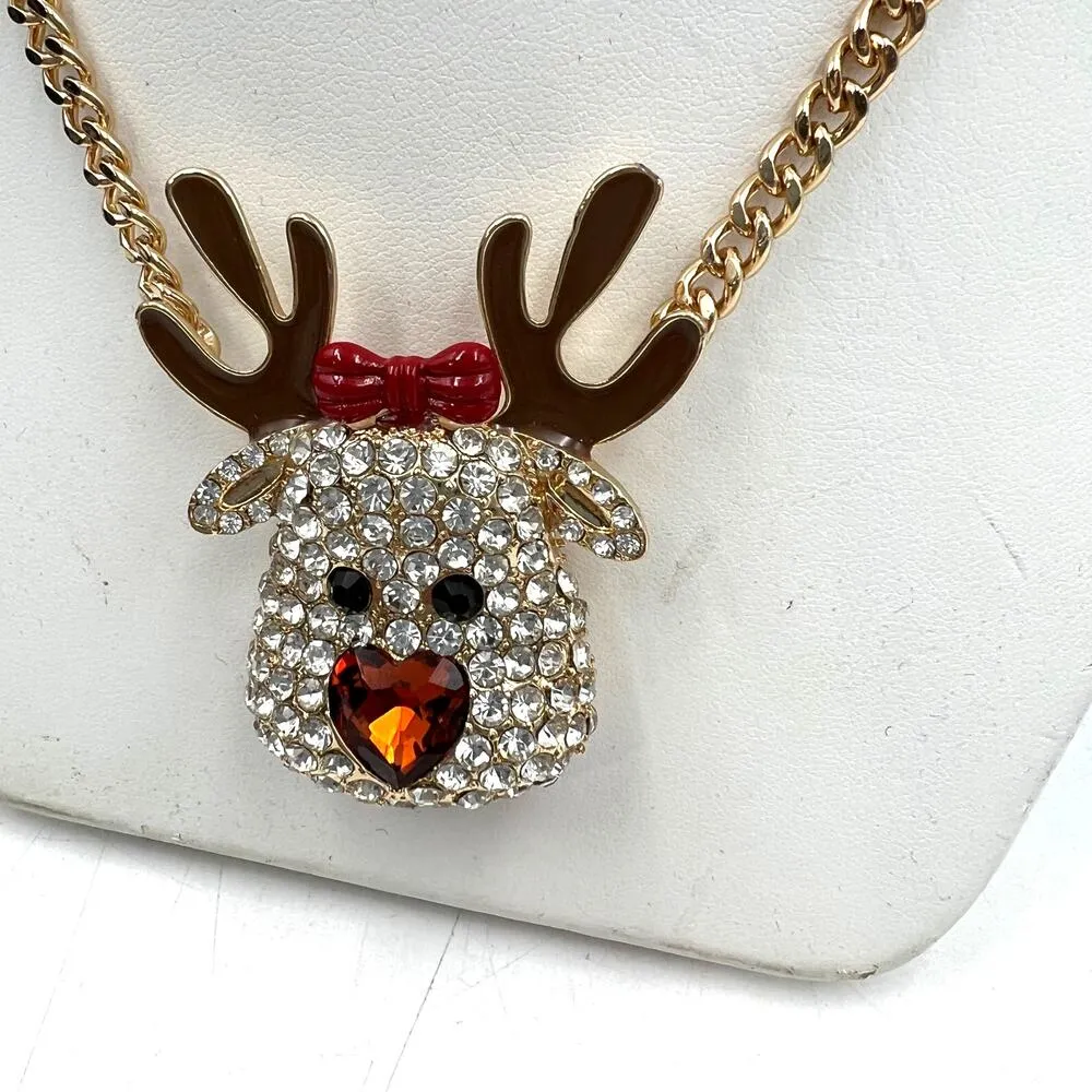 Betsey Johnson Gold Tone Crystal Pave Red Nose Reindeer Pendant & Bracelet Set - Image 3
