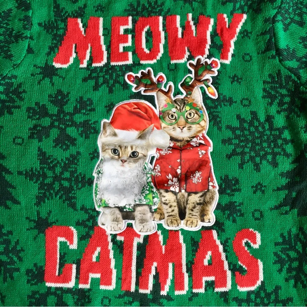 Party Sweater “MEOWY CATMAS” Ugly Holiday Sweater, Green, Red, Size L Green Size L - Image 5