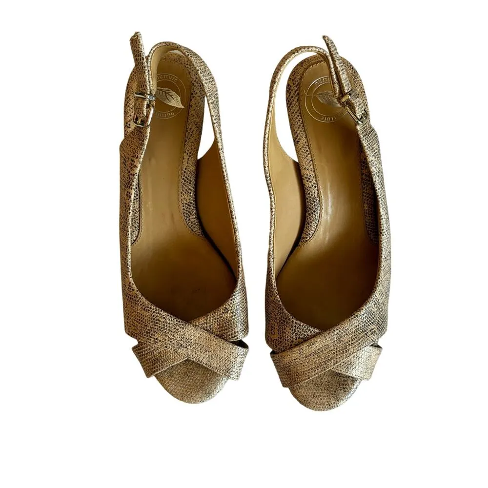 Nurture Leather Peep Toe Neutral Sparkle Snakeprint Slingback Heels Size 7.5 - Image 2