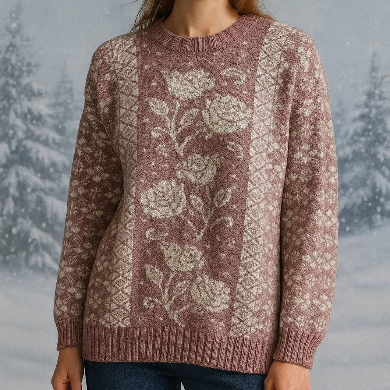 Vintage 90s 1990s Rose Floral Crew Neck Pink Sweater retro Floral Size L - Image 2