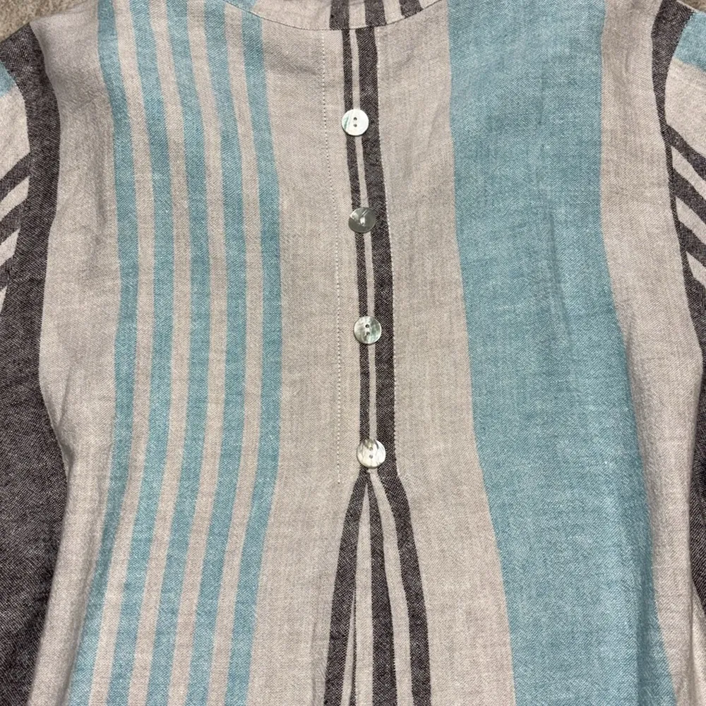 XL 100% Linen Tunic button up striped LONG shell buttons long sleeve Beachy Tan - Image 5