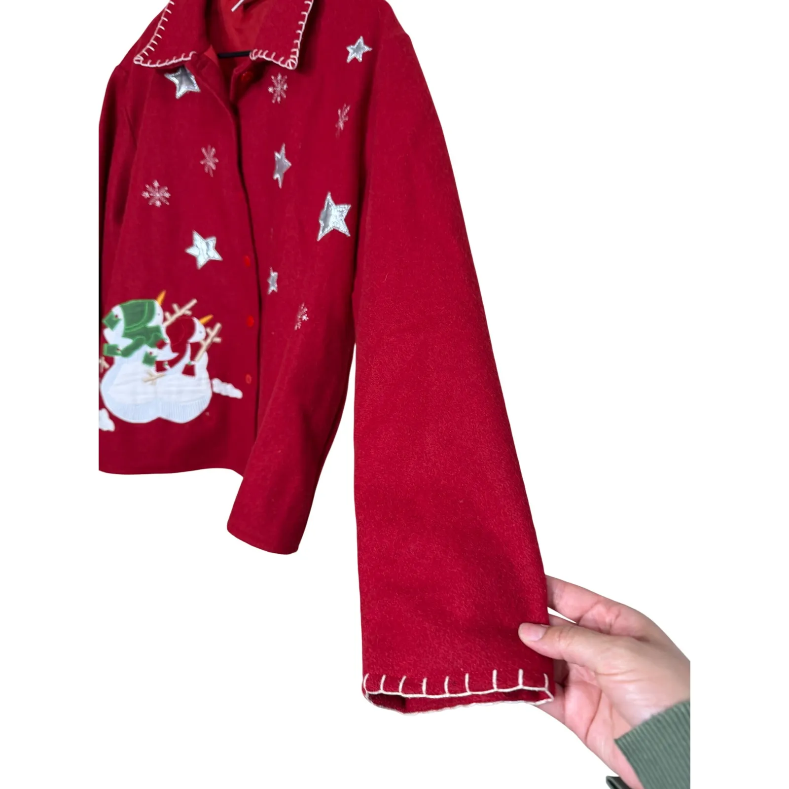 Take Two Clothing Co Red Snowman Snowflake Wool Blend Button Up Shirt Jacket XL - Image 4