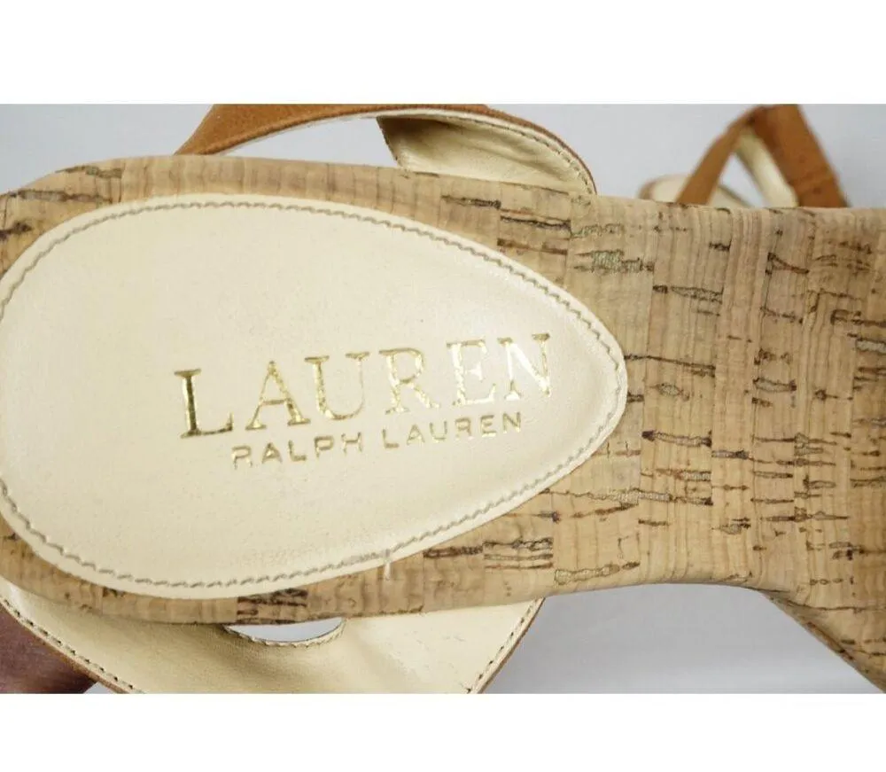 LAUREN Ralph Lauren Odelia Ankle Strap Cork Wedge Sandals Shoes Size US 6.5B Brown - Image 6