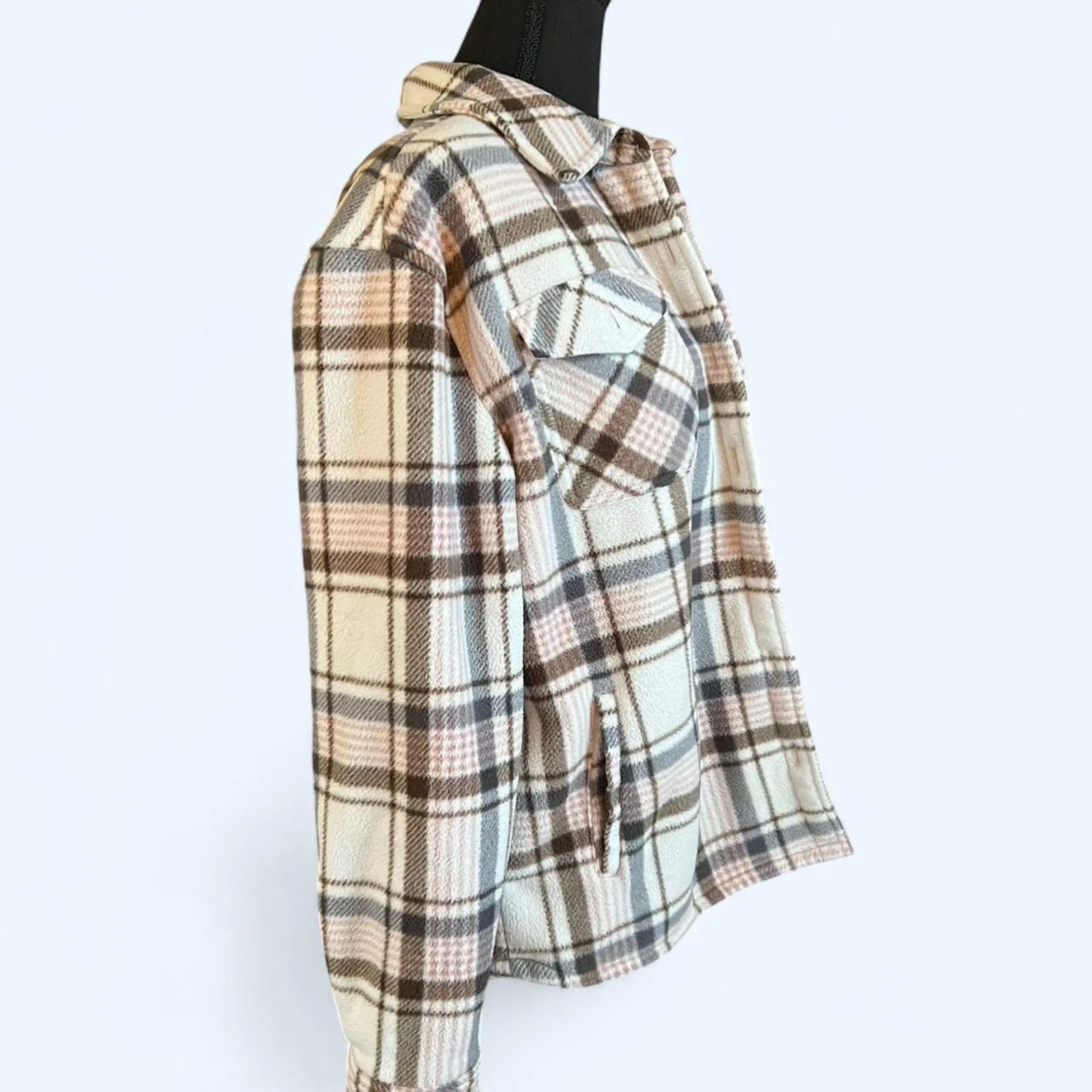 Cream and pink sage plaid flannel fleece lined jacket Size Medium Tan - Image 4