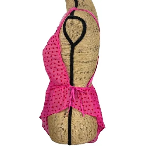 Victorias Secret Tease Pink Flocked Heart Bodysuit Sheer Mesh Sexy Size Small - Image 4