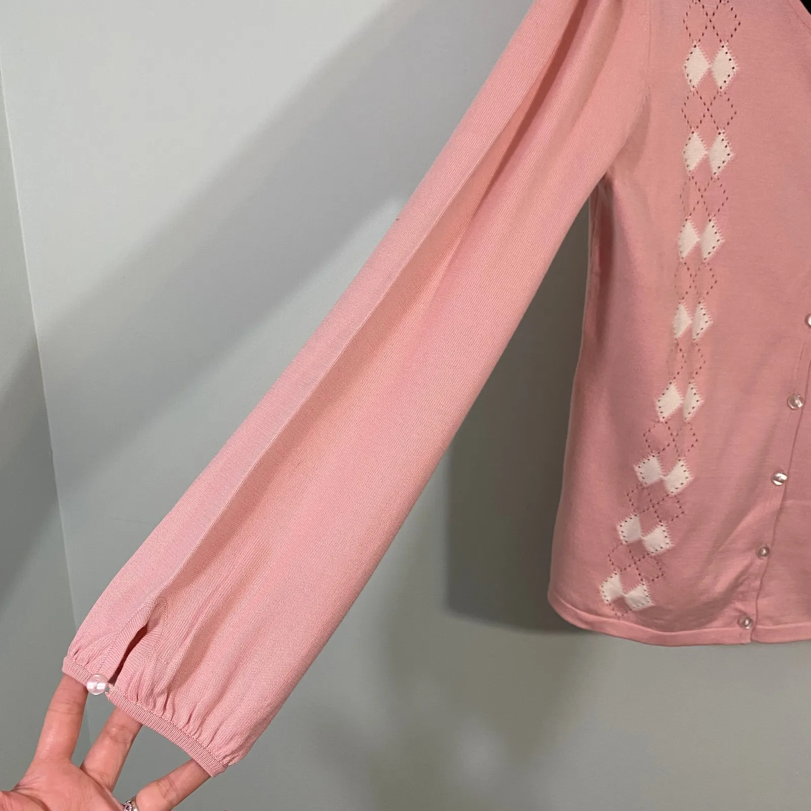 Pink Argyle Women’s Pointelle Detail Button Up Cardigan Y2K Coquette Style - Image 4