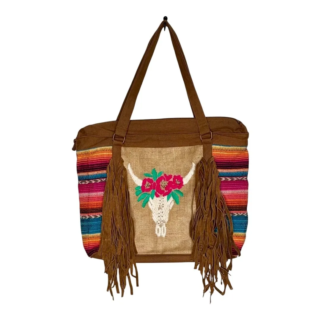 Boho Leather Serape Tote Bag‎ Cow Skull Embroidered Fringe Shoulder Bag Large Brown - Image 9