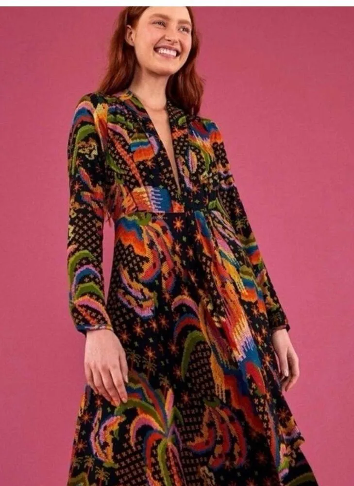 FARM RIO Macaw Island Printed Maxi Dress Tropical Vacation XS Black - Image 7