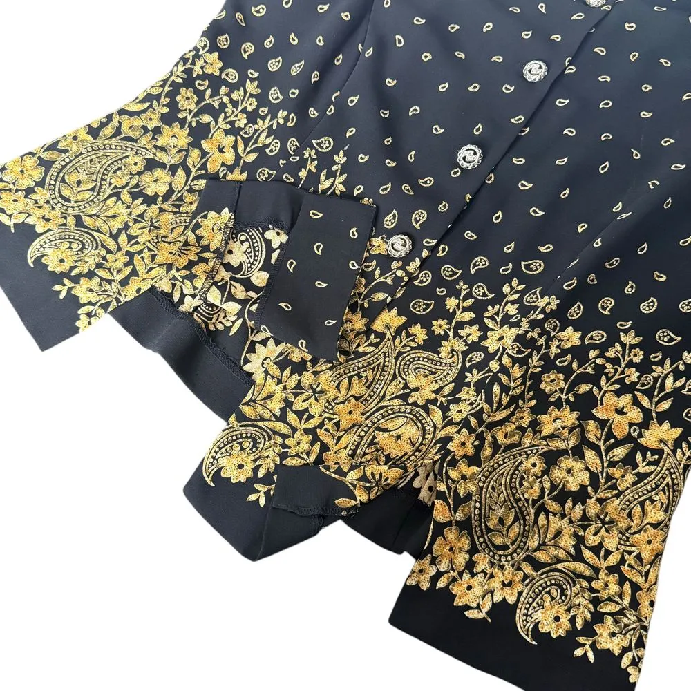 Vintage 90s Leslie Fay 2 Piece Long Skirt Set Size‎ 16 Floral Black Short Sleeve - Image 4