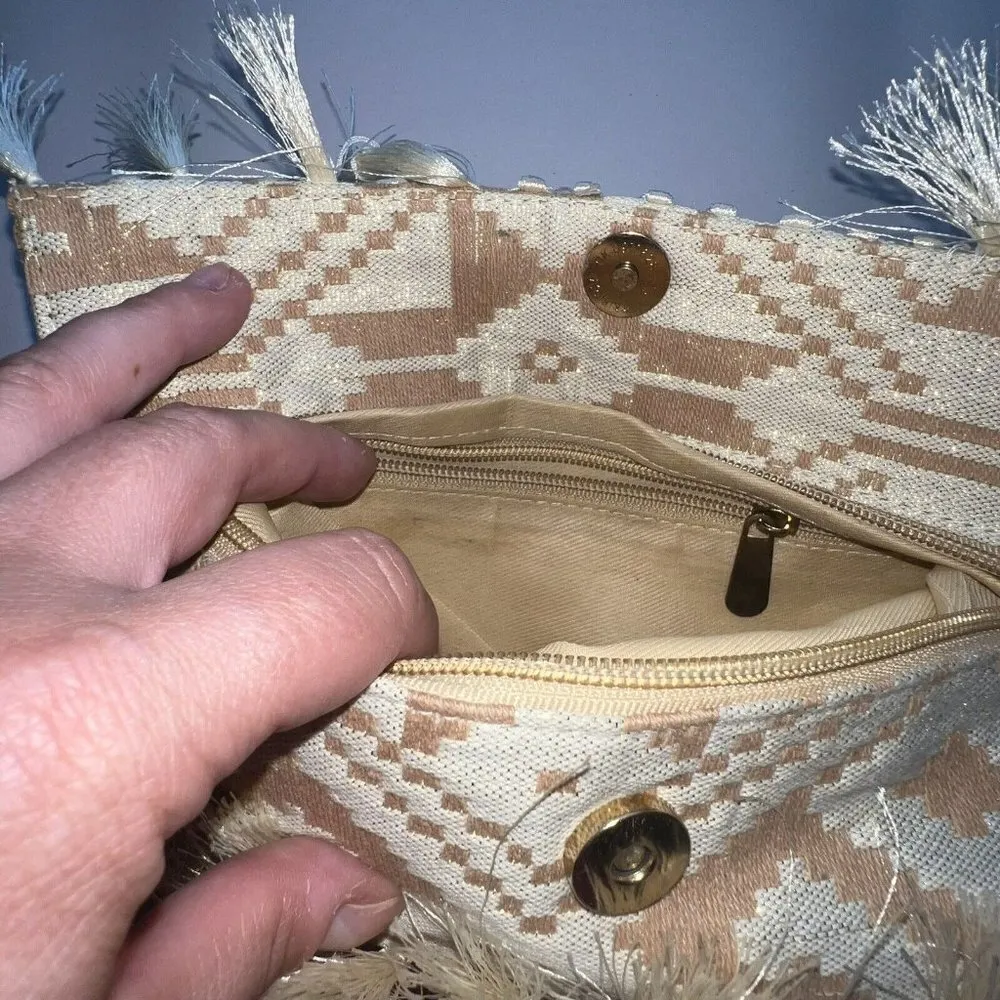 CREAM TAN AZTEC BOHO‎ TASSELED CLUTCH PURSE HANDBAG WOVEN WOMEN FOLD OVER SNAP - Image 6