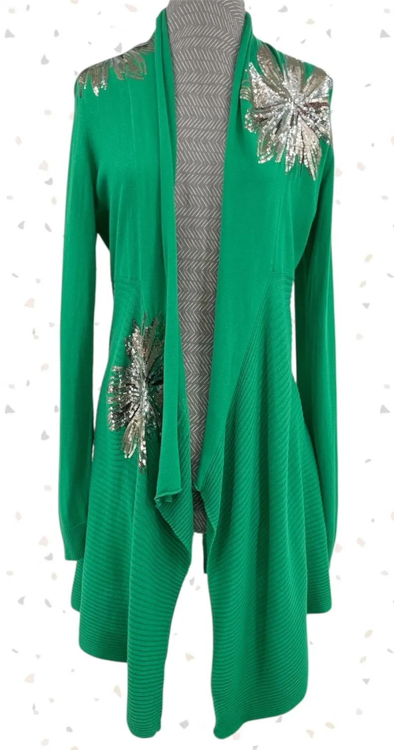Bright Green Holiday Cardigan Open Front Gold Sequin Flower Sunbursts INC size M Size M - Image 1