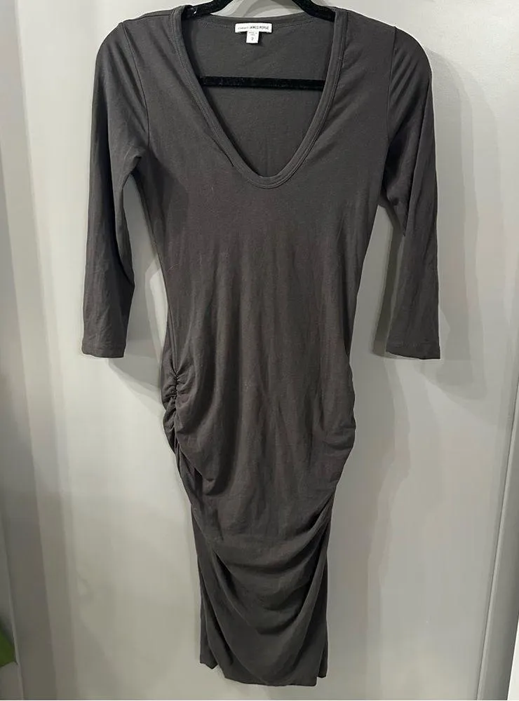 JAMES PERSE Gray Ruched Long Sleeve Midi Dress Size 2 Medium - Image 3