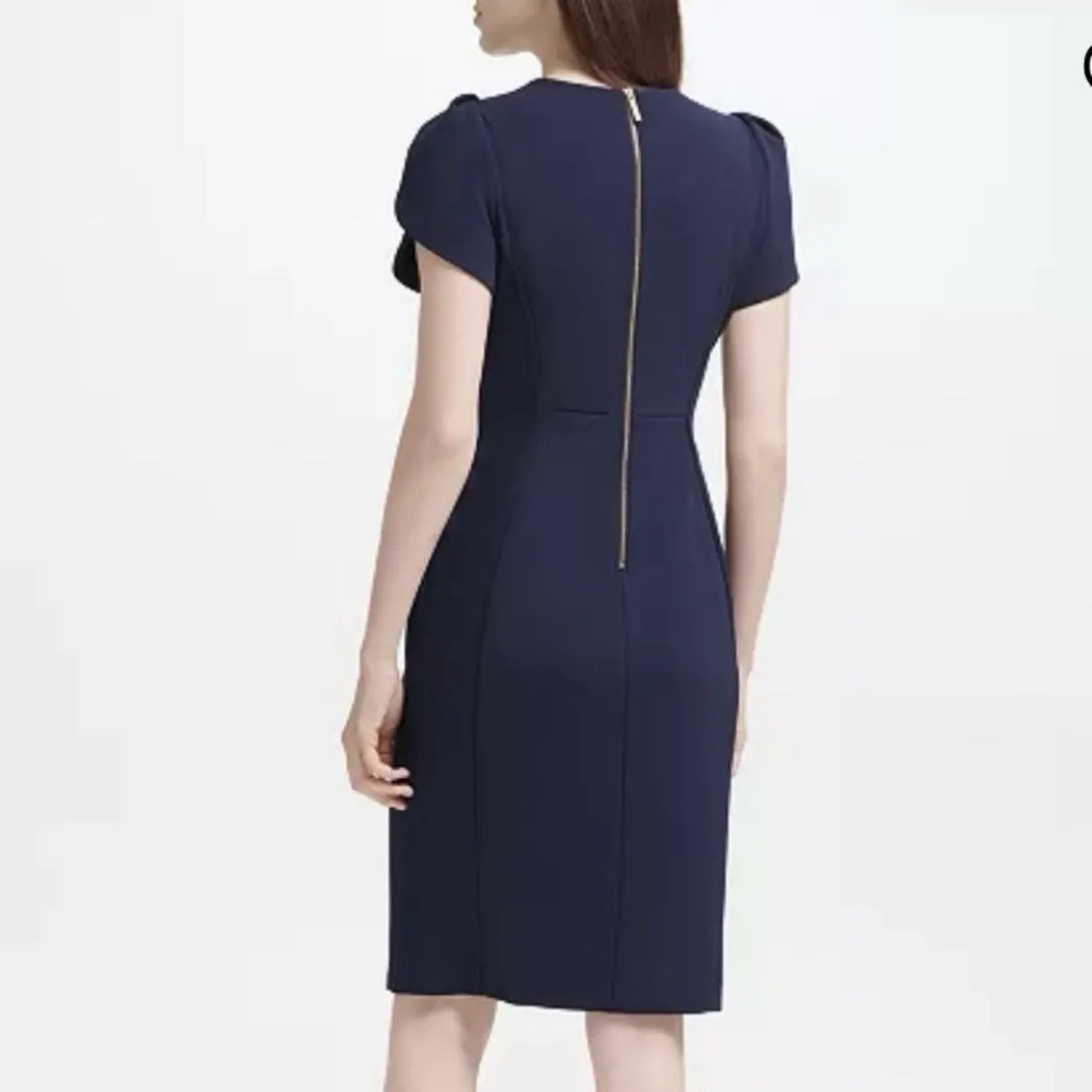 Calvin Klein Navy‎ Blue Tulip Sleeve Stretch Crepe Sheath Dress Size 2 - Image 3