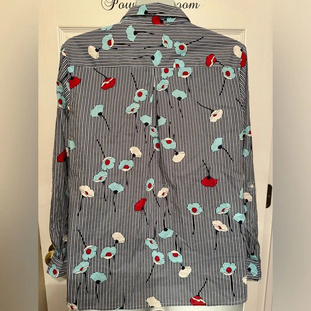 Tommy Hilfiger Sz XL Poppy Floral Red White Blue Striped Half Zip Blouse - Image 5