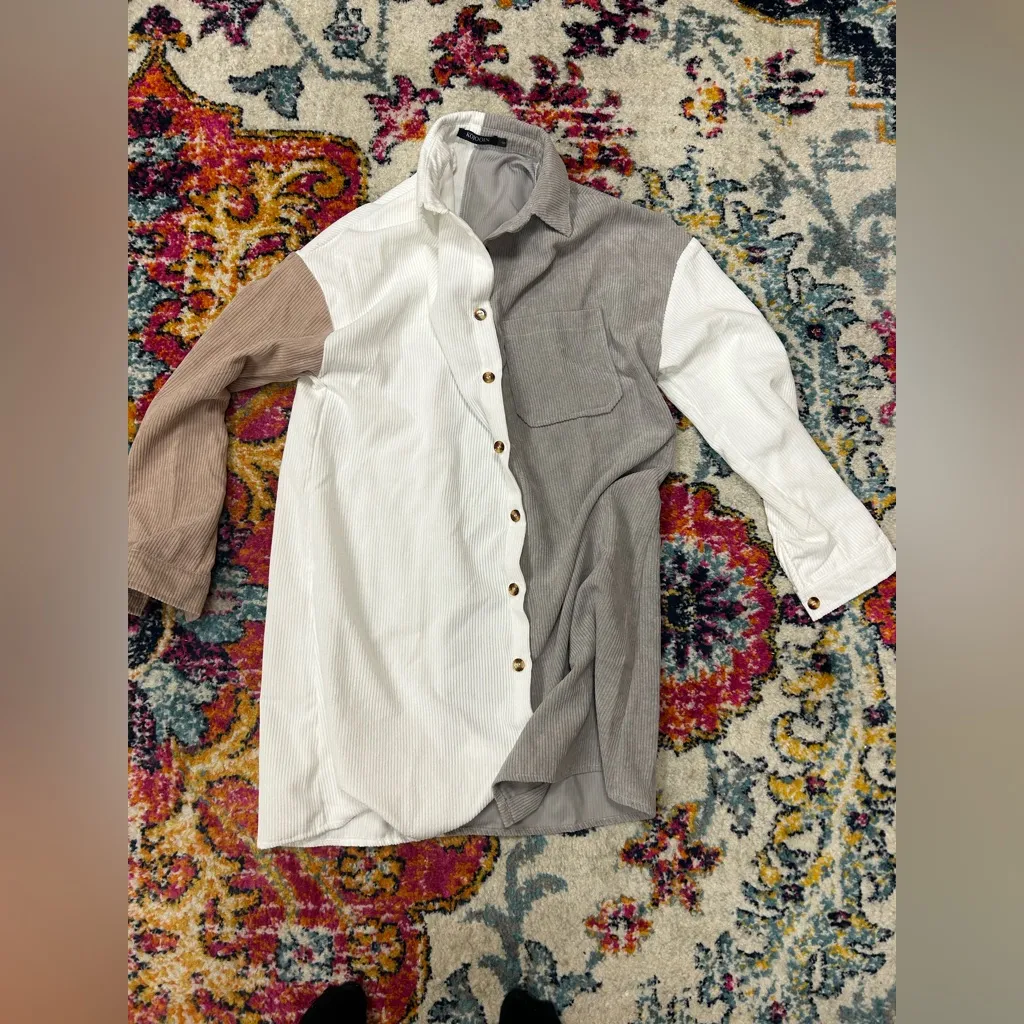 Corduroy Colorblock Button Down Shirt Dress White - Image 5