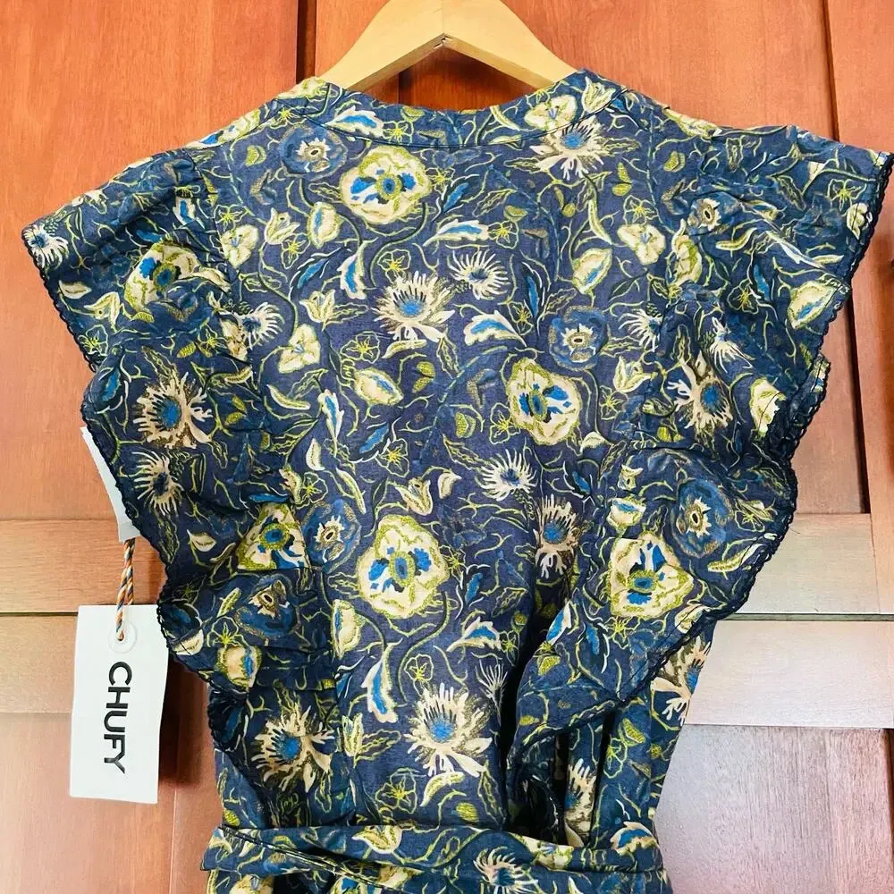 Chufy Amalfi Dress Mini Floral Print Cotton Silk Embroidered Size Small NEW Blue - Image 8