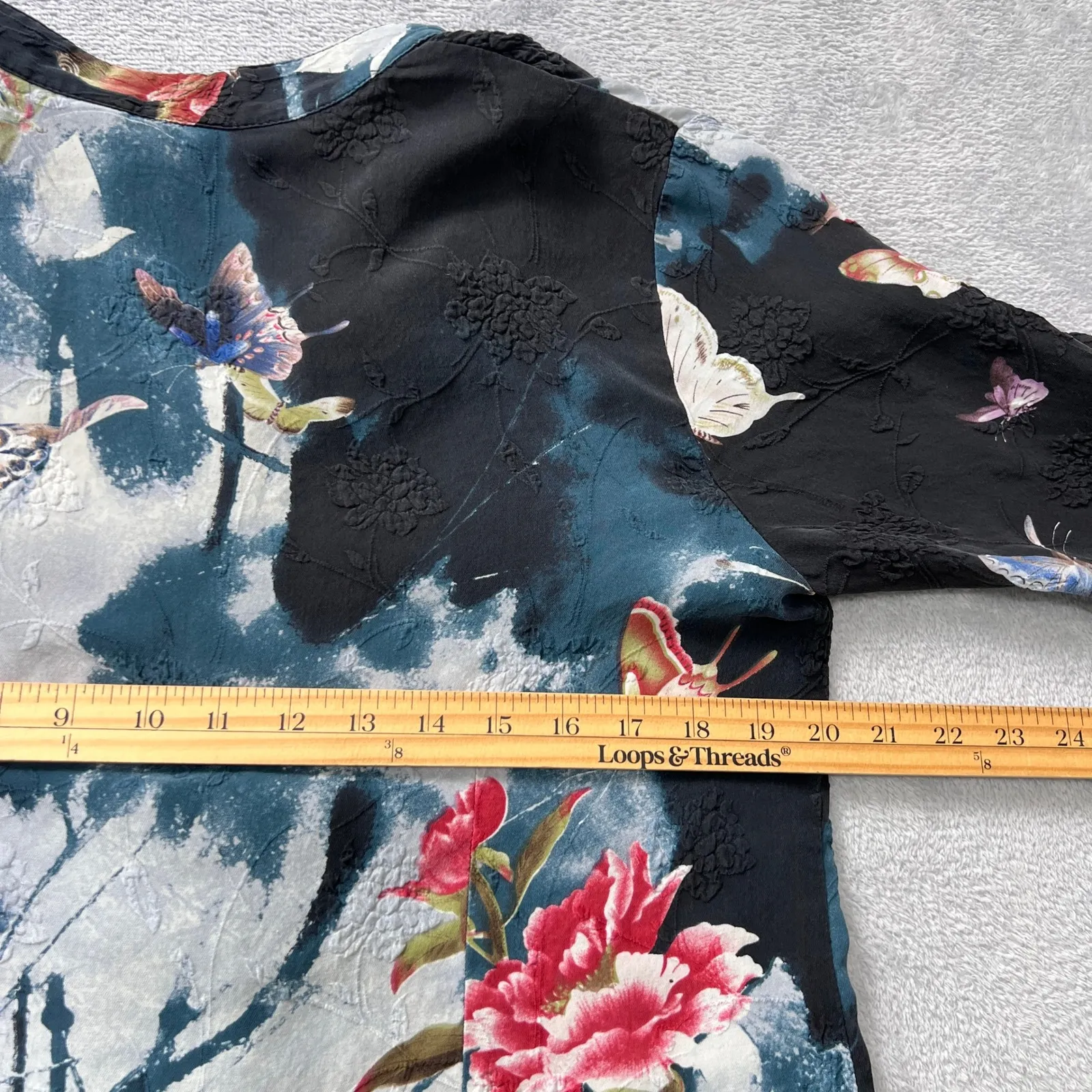 Citron Santa Monica Silk Blouse PL Butterfly Floral Watercolor Asian Style‎ Boho Blue Size undefined - Image 7