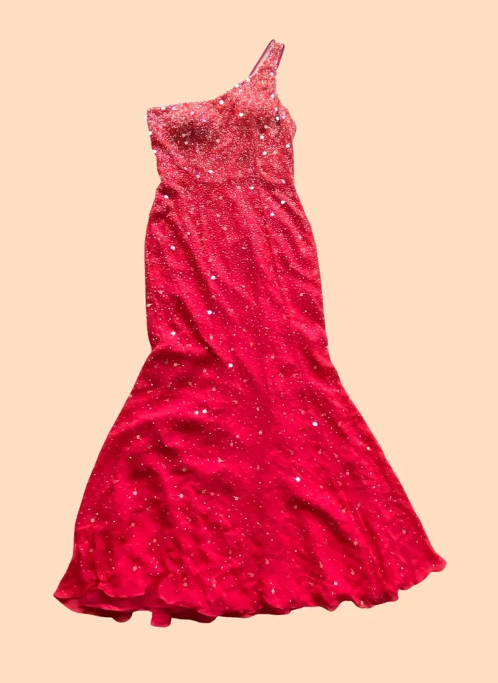 stunning vintage 90s red sequins one shoulder fishtail gown / formal dress š„ - Image 1