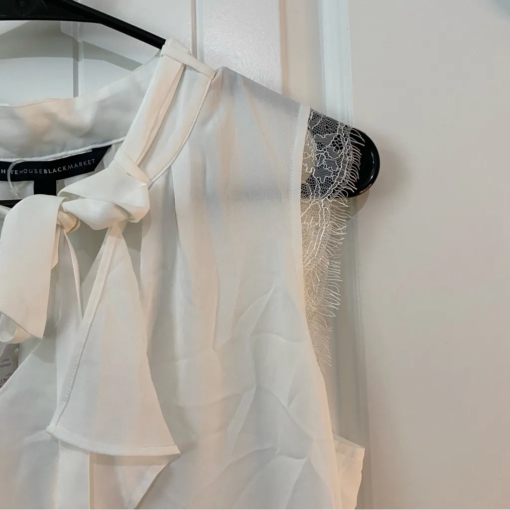 White House Black Market Cream Ruffled Tie‎ Front Blouse - Image 3