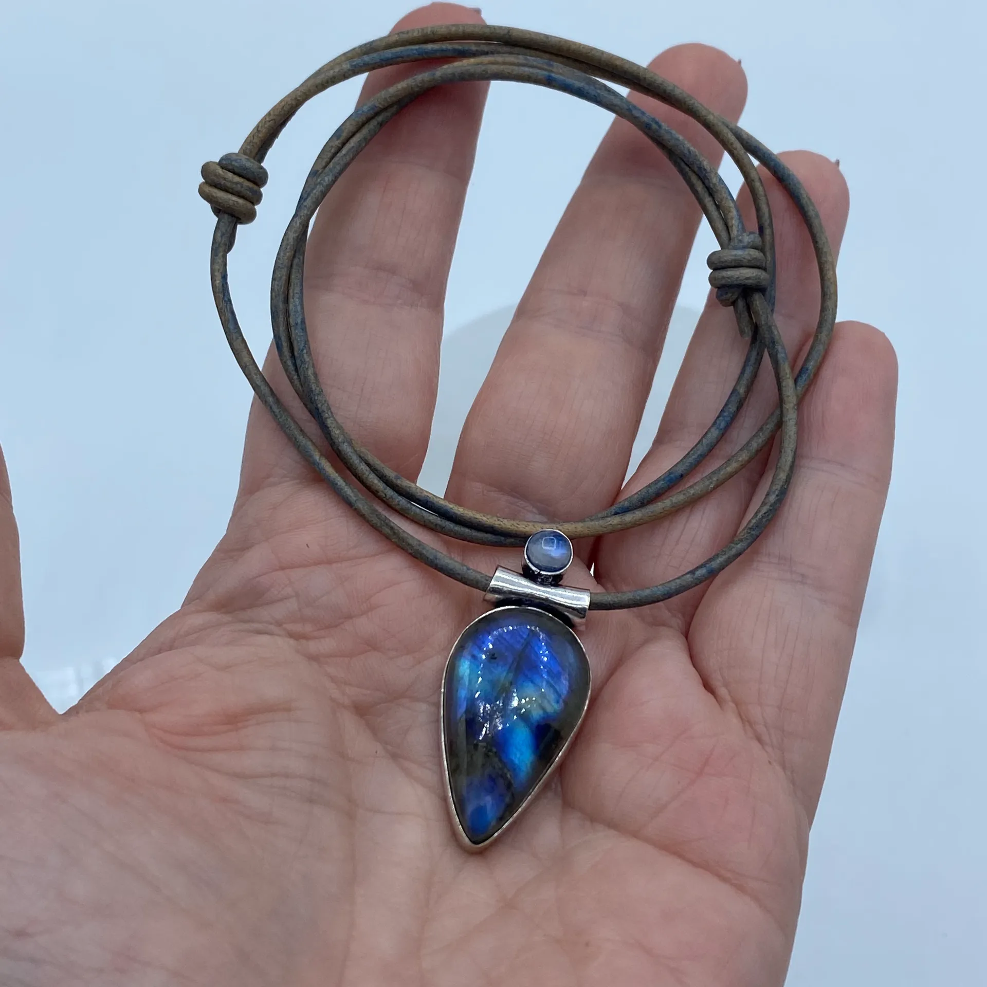 Blue Flash Labradorite Rainbow Moonstone Sterling Silver Pendant Necklace - Image 3