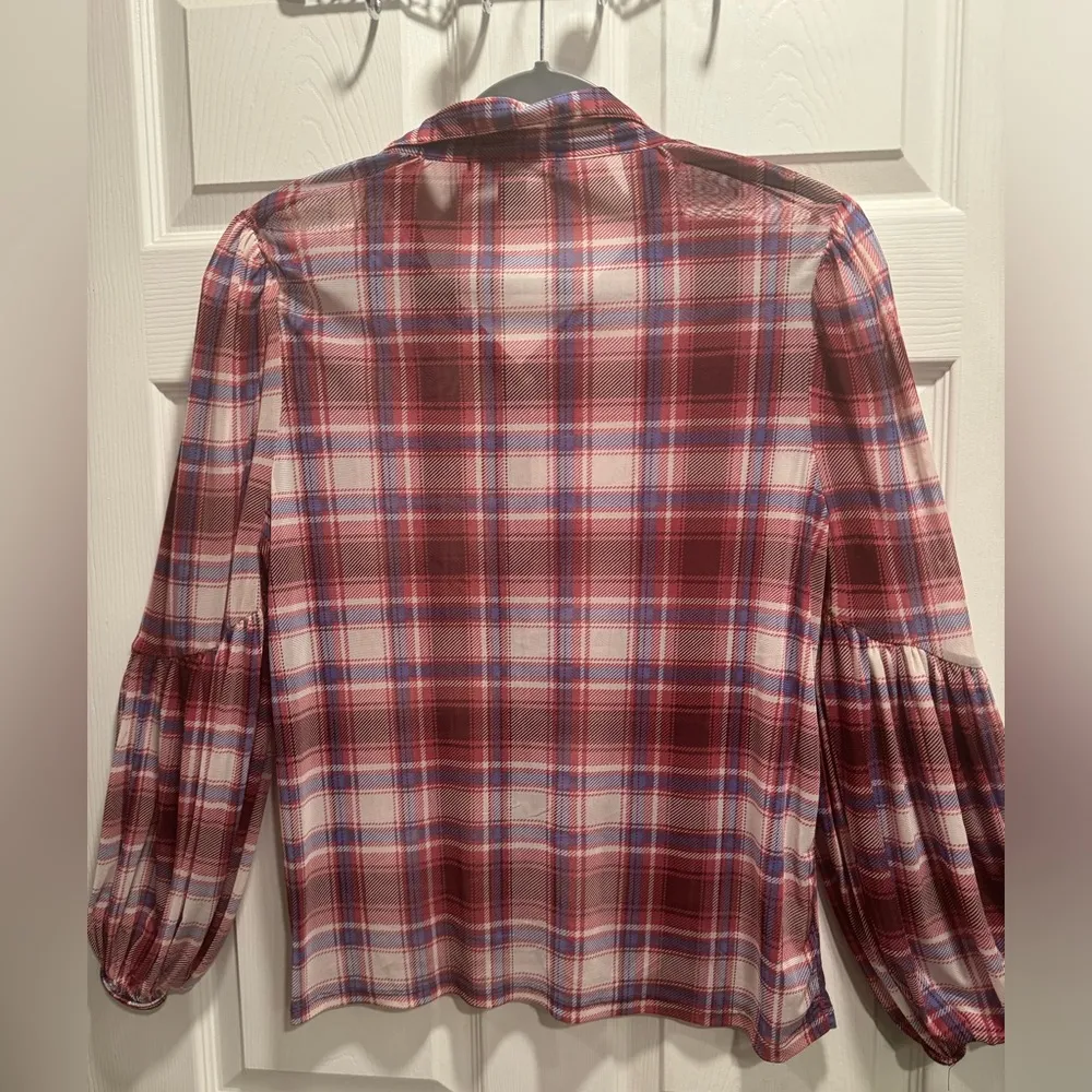 A Love Story Women’s Red Plaid See Through Long Sleeve Blouse Top Size L Size L - Image 2