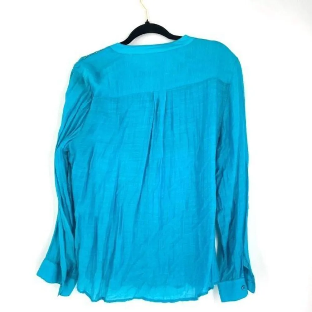 Chico’s Women's Pin Tuck Silver Sequin Roll Tab Sleeves‎ Blouse Turquoise large Blue - Image 2