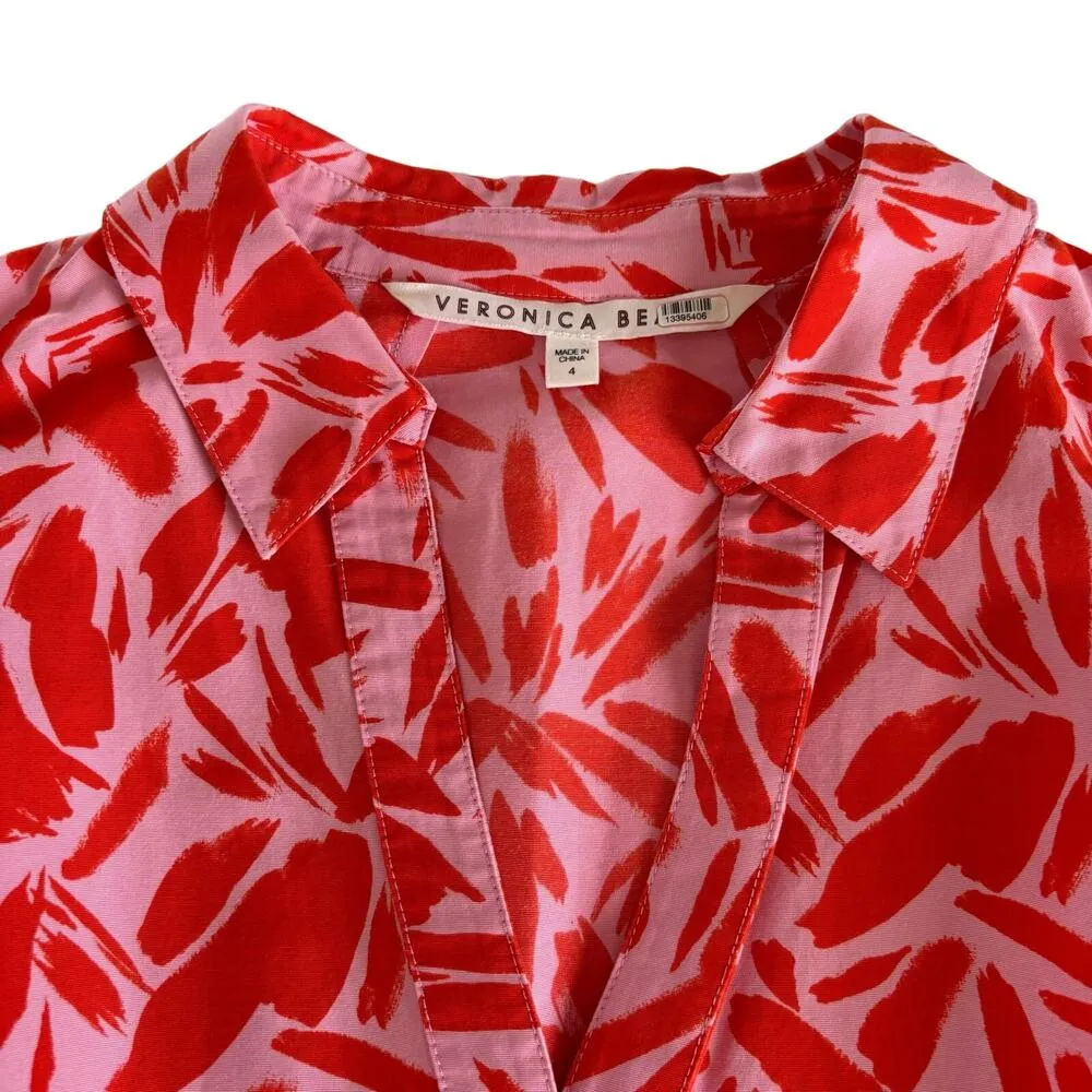 Veronica Beard Samy Red & Pink Poppy Floral Print Button Up Mini Shirt Dress 4 - Image 3