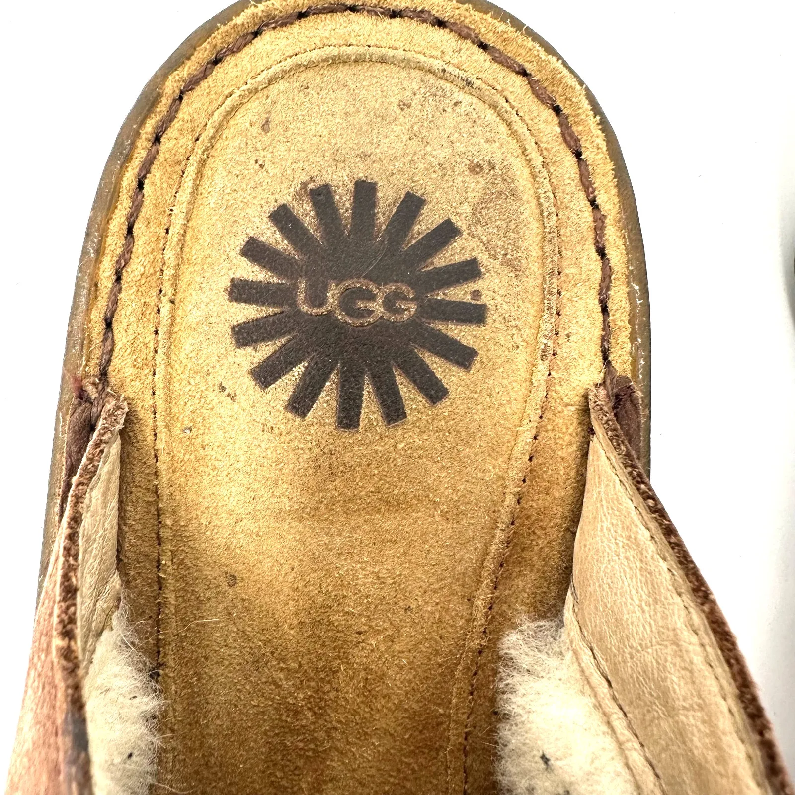 UGG Size 9 Brown Leather Clog‎ Sherpa Lined Slip On Porch Shoes Garden - Image 5