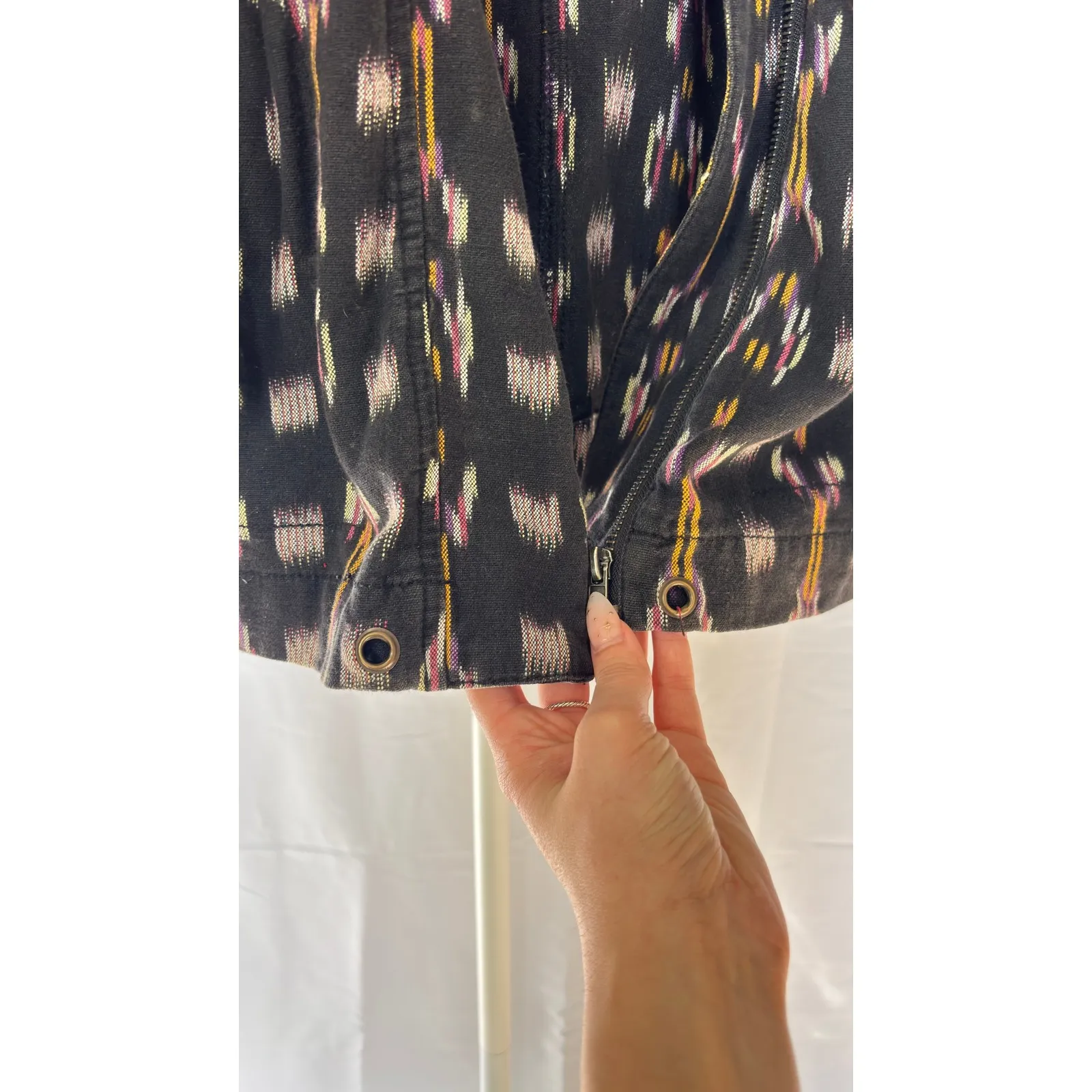 Free People Ikat Print Utility Jacket Hooded Drawstring Black Multi Size Small - Image 5