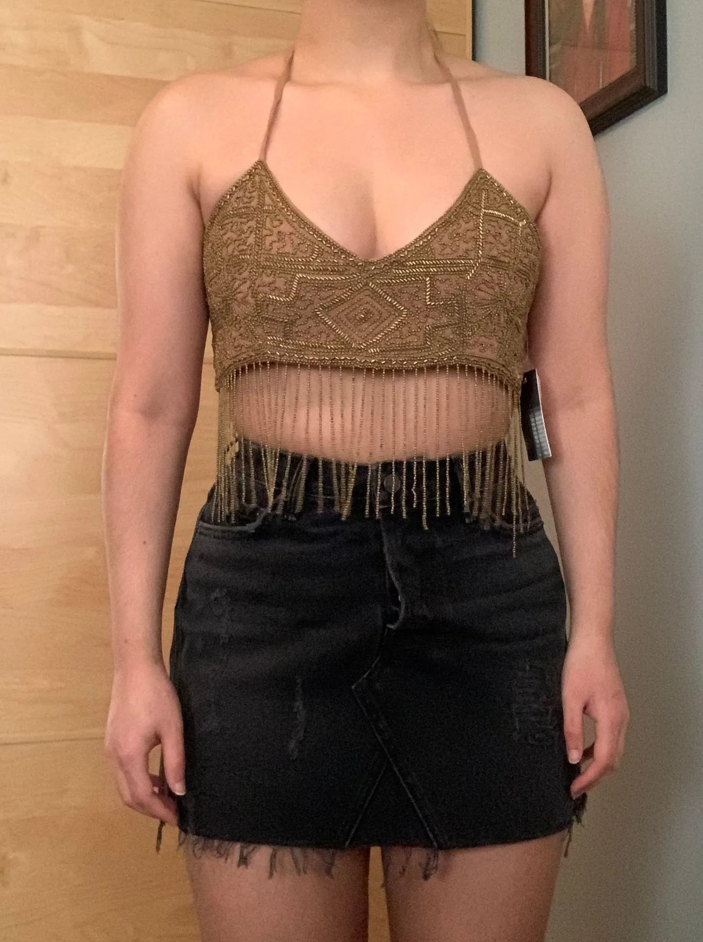 NWT $79  gold intricate beaded embellished festival backless tie halter crop top - Image 3