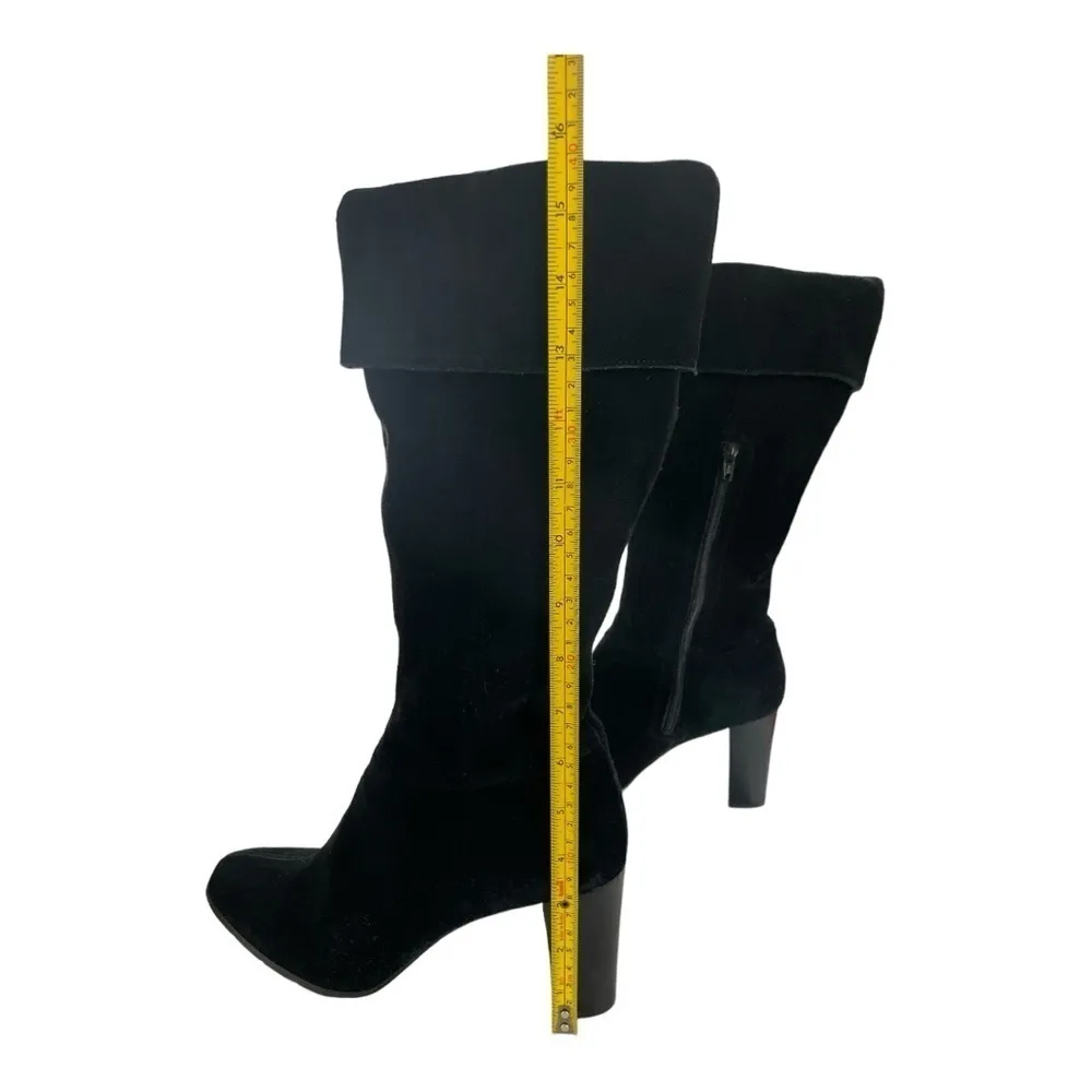 APOSTROPHE Black Suede Knee High Heel Zip Up Fold Over Cuff Style boots 3.5” - Image 11
