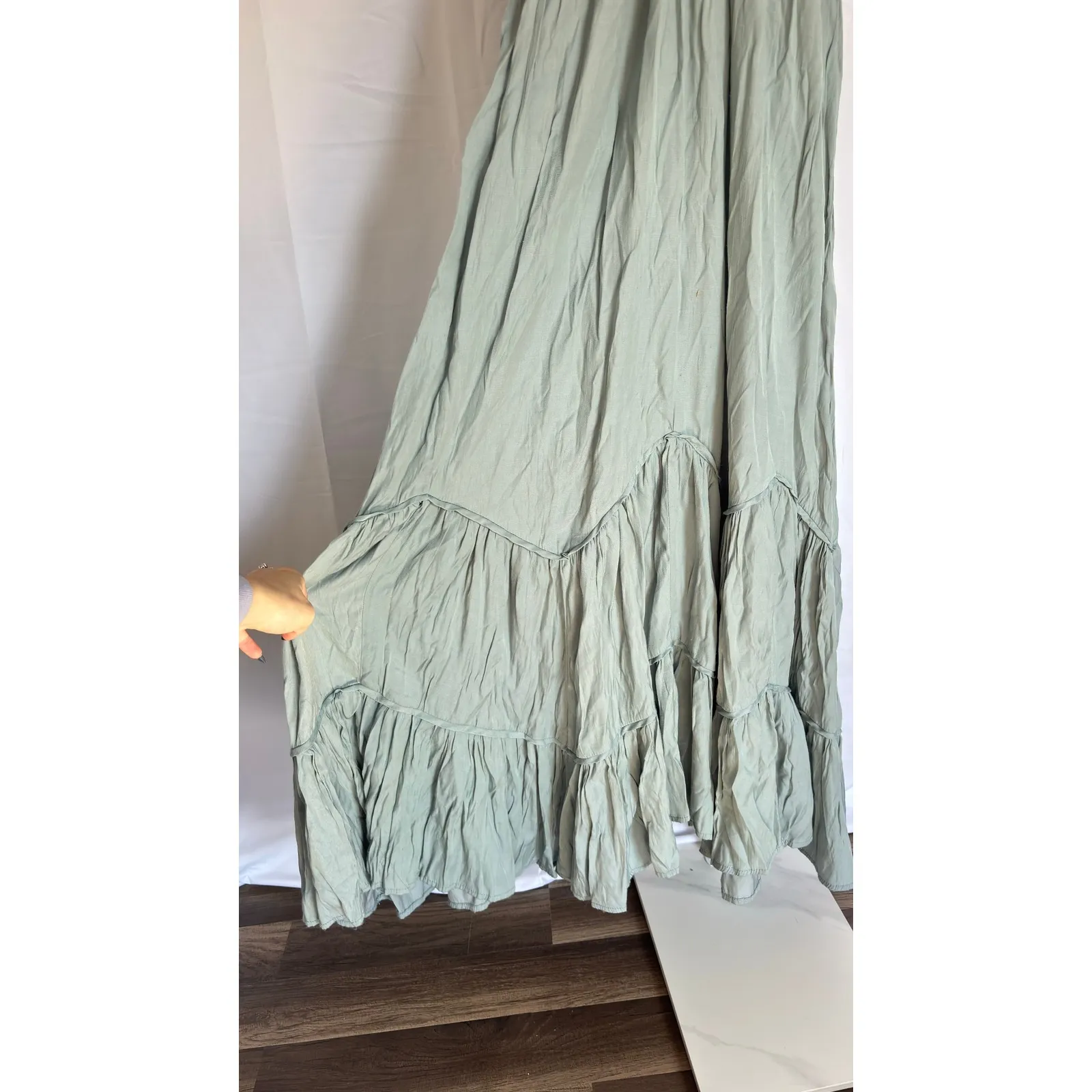 STORIA Sage Green Flutter Sleeve Maxi Dress Tie Waist Tiered Ruffle Size S - Image 5