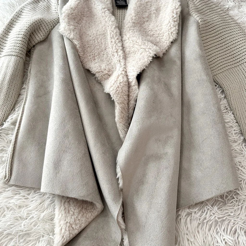Chelsea & Theodore Oyster Faux Suede Sherpa Open Front Cardigan Sweater M Tan Size M - Image 10