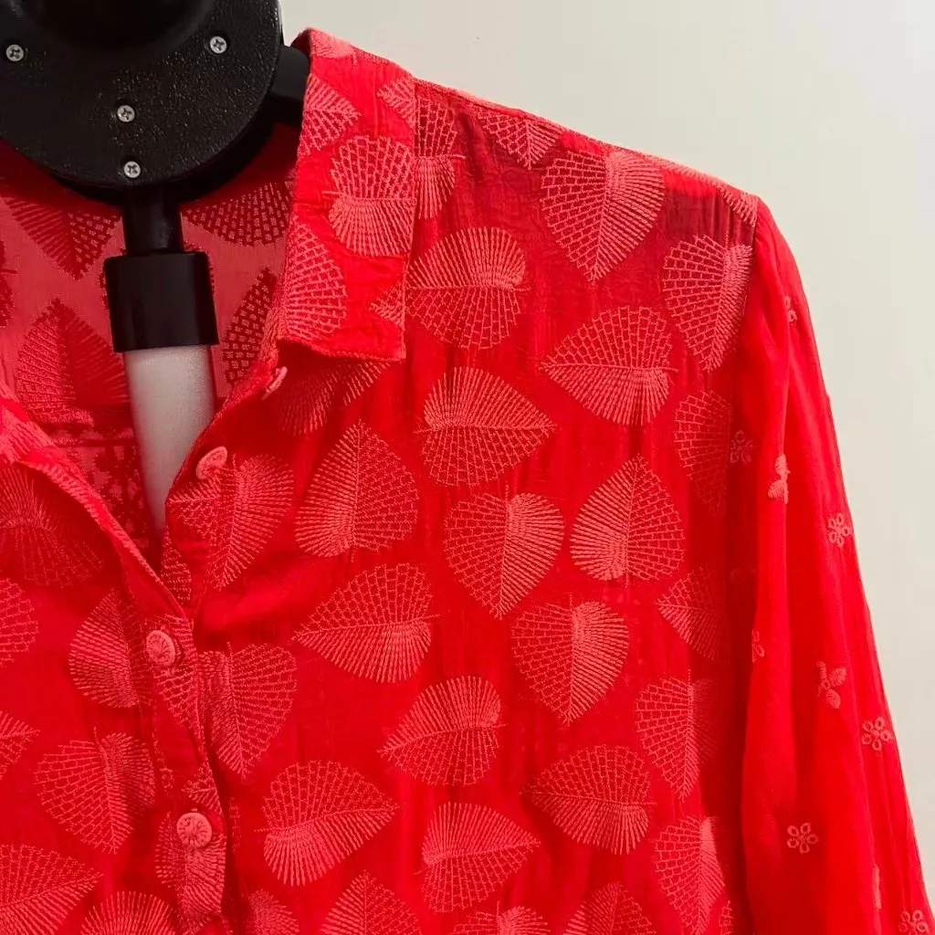 $350 NWOT Johnny Was Desi Embroidered Floral Red Eyelet Button Shirt Blouse Sz L - Image 10