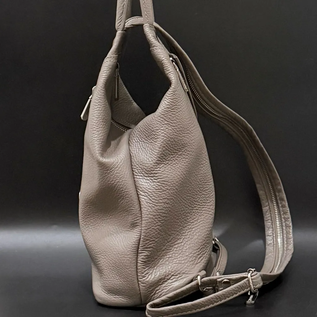 VALENTINA Genuine Italian Pebbled Leather Taupe Sling Backpack Shoulder Bag Gray - Image 2