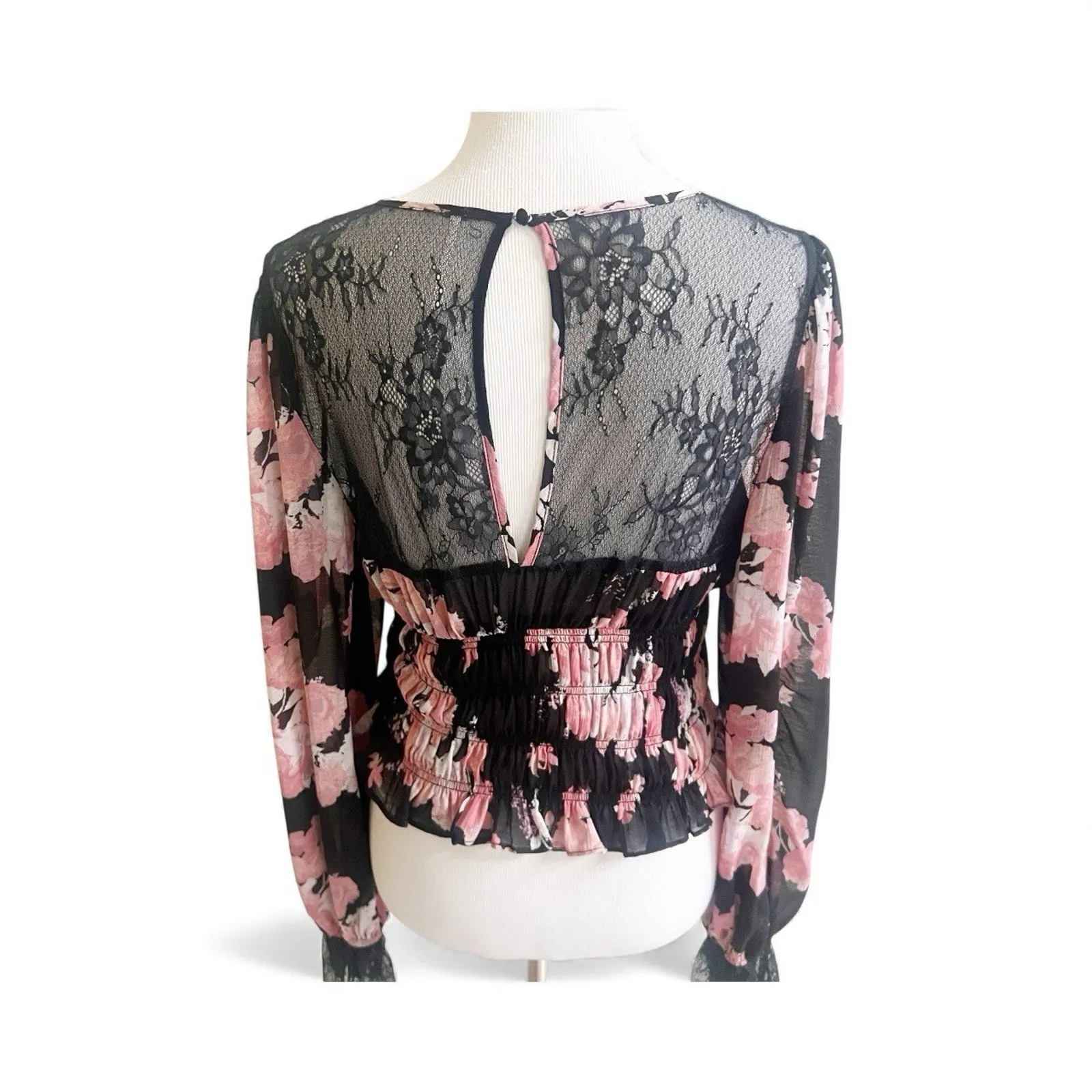 Free People Daphne Floral Blouse Midnight Combo Size Large Black Pink Whimsigoth - Image 3