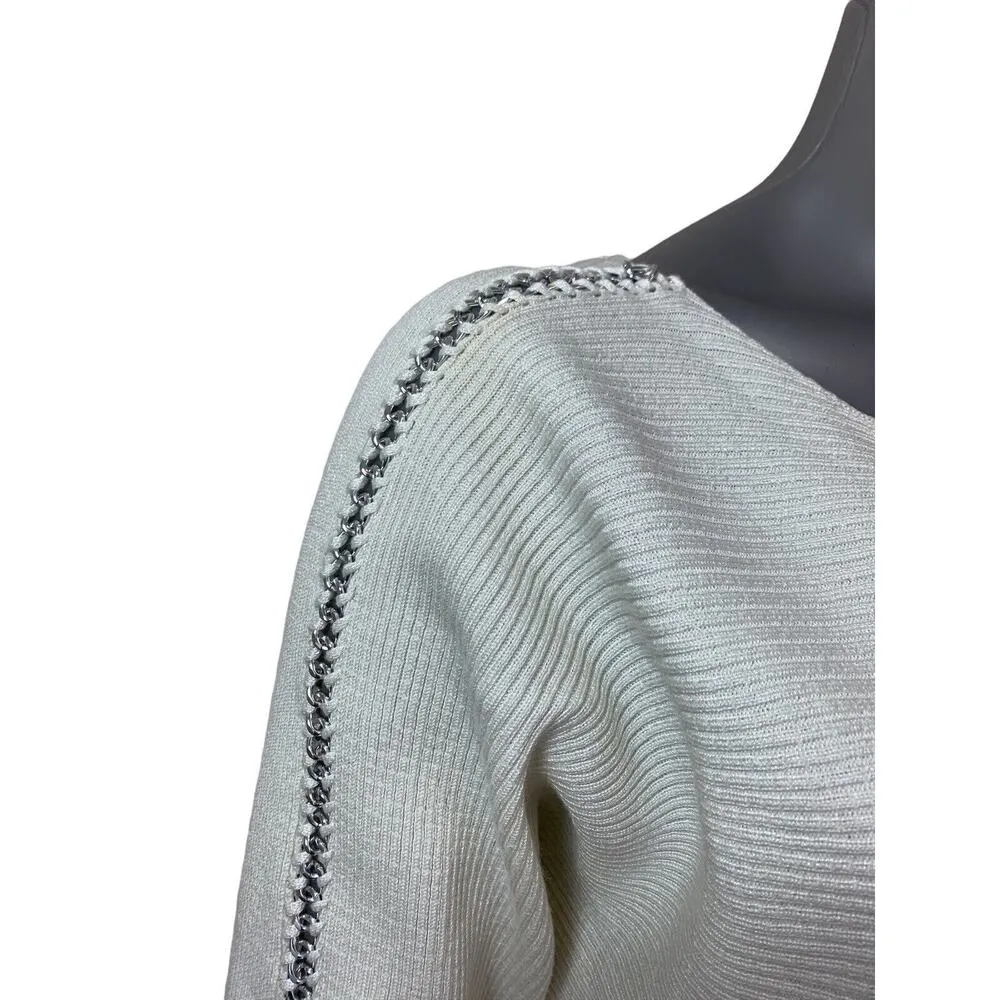 By Design White Sweater Scoop Neck Medium Dolman Sleeve Pullover Chain Y2K - Image 6