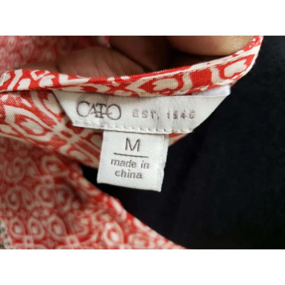 Cato Blouse Women M Red White Black Geometric Print Boho Rayon Cotton Top - Image 9
