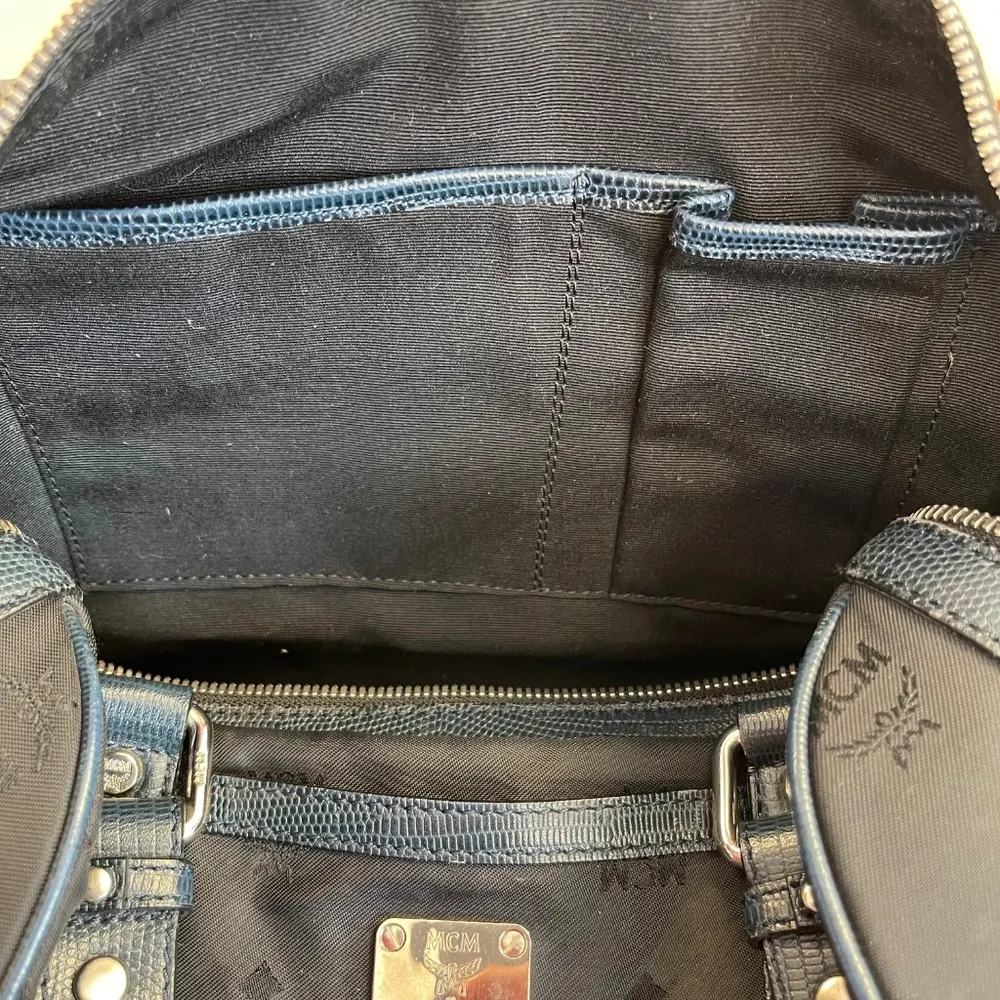 MCM Navy Leather and Black Canvas Boston Handbag w/ Silver Hardware - Preloved - Image 9